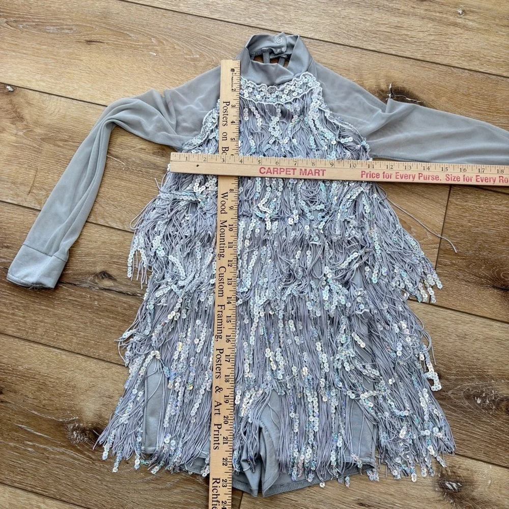 Weissman Silver Fringe Sequined Dance Skating Dress Costume size MC Flapper Tap